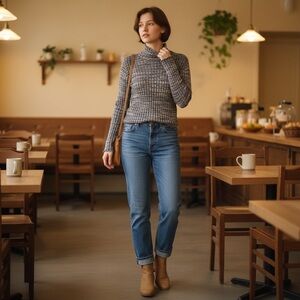 CURATOR Ethical cotton mock neck textured knit sweater Peru blue/cream xs/s